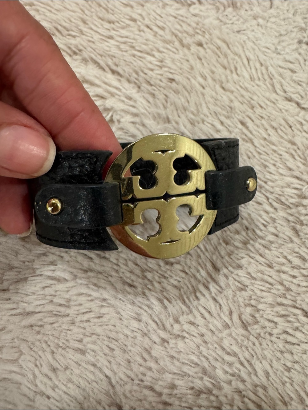 Tory Burch Black Leather Bracelet with Gold Logo Medallion